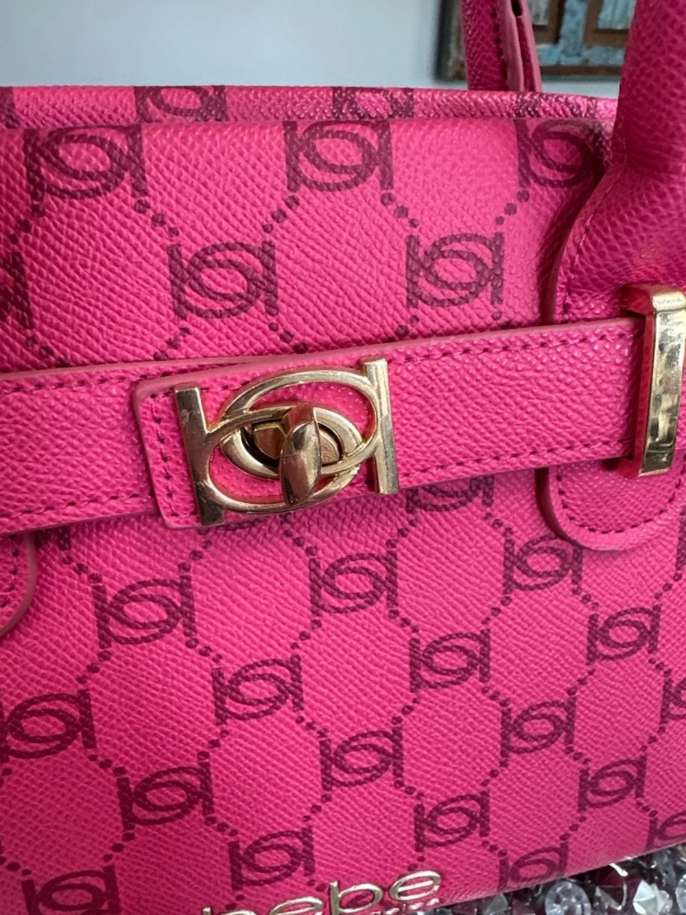 bebe Hot Pink Logo small Satchel with Gold-Tone Hardware and crossbody strap